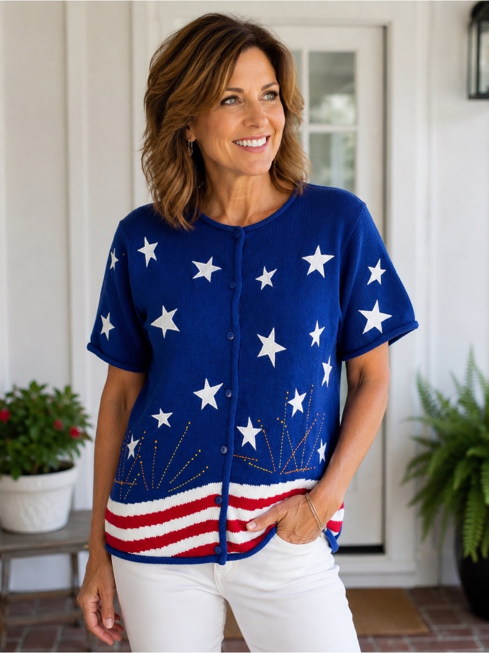 Vintage Quacker Factory Patriotic Americana USA Flag Stars‎ Fireworks Cardigan M